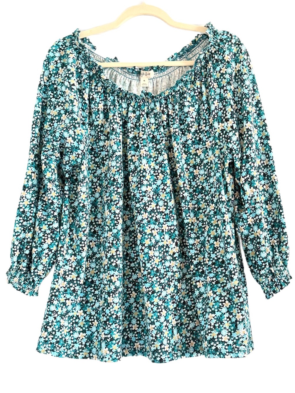 Style & Co. Teal Multi Floral Peasant Knit Top XL